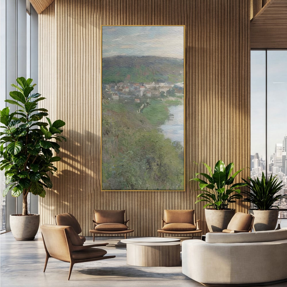 Tablou canvas cu tablou canvas cu peisaj rural si rau, in rama de aluminiu auriu, pe perete intr-un birou